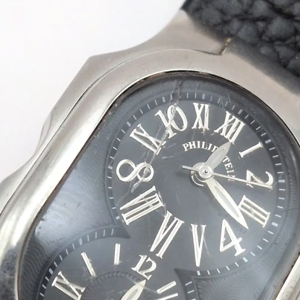 Philip Stein Women's Wrist Watch Black Silver Dual Dial 1-MB-CPB Working - *READ